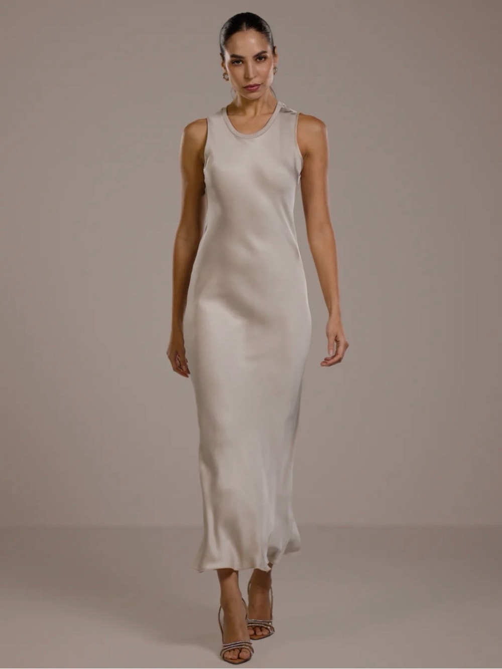 Jaki London Sabrina Sleeveless Satin Midi Dress Light Beige S NWT